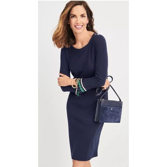 Talbots Dress Petite Large Navy Pleated Cuff Ruffle Gold Buttons Career Preppy - Picture 1 of 13